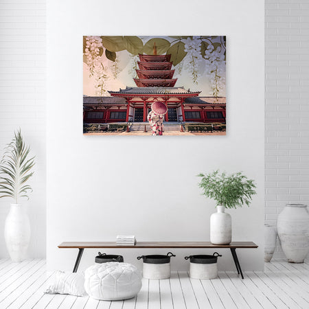 Quadro su tela, Geisha e tempio giapponese