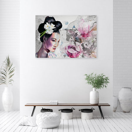 Quadro su tela, Ritratto di una geisha sul vecchio muro