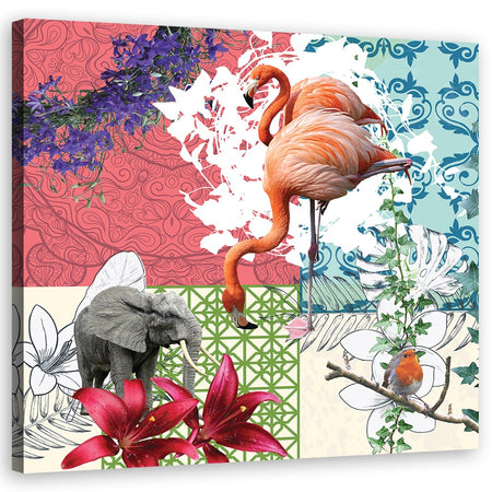 Quadro su tela, Flamingo Elephant Bird Collage