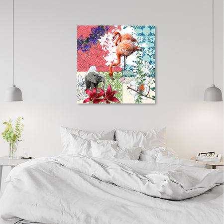 Quadro su tela, Flamingo Elephant Bird Collage