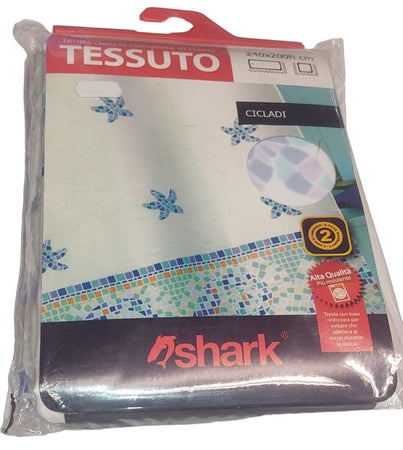 SHARK - TENDA DA DOCCIA COMPLETA DI GANCI IN TESSUTO LINEA "CICLADI" 240x200h cm - COLORE BIANCO CON DECORAZIONI **