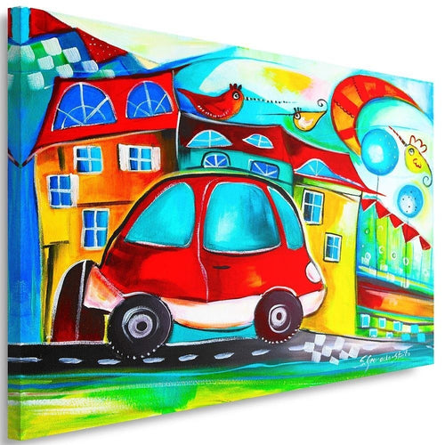 Quadro su tela, Città colorata auto rossa