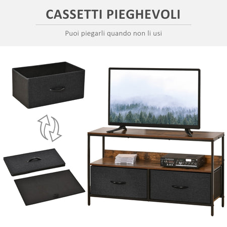 Mobile TV Stile Industriale con Cassetti Pieghevoli in Tessuto e Mensola, Mobiletto TV in Metallo e MDF, Marrone noce e Nero F839-071CGA