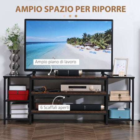 Mobile TV Moderno per TV fino a 65" con 6 Ripiani Aperti, in Acciaio e legno , scaffale , 140x40x50 cm, Marrone e Nero