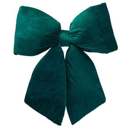 Fiocco in velluto imbottito verde decorazione natalizia per albero e ghirlanda dietro porta