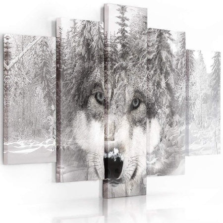 Quadro su tela 5 pannelli Lupo foresta animale grigio