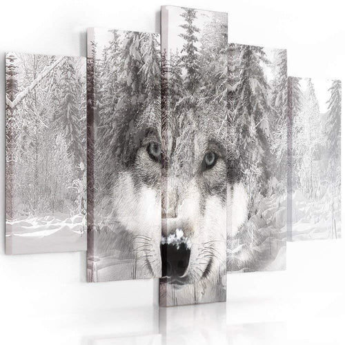 Quadro su tela 5 pannelli Lupo foresta animale grigio