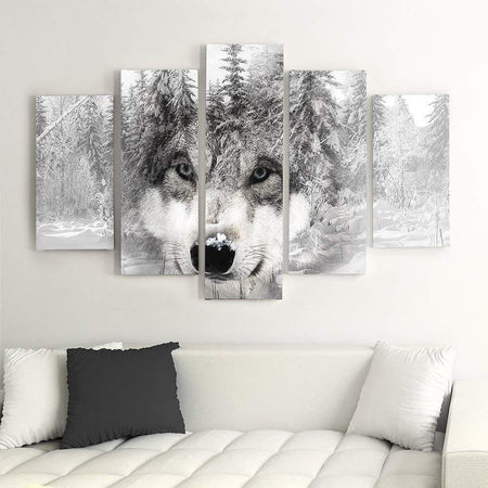 Quadro su tela 5 pannelli Lupo foresta animale grigio