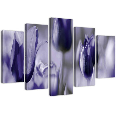 Quadro su tela 5 pannelli Fiori di tulipano viola