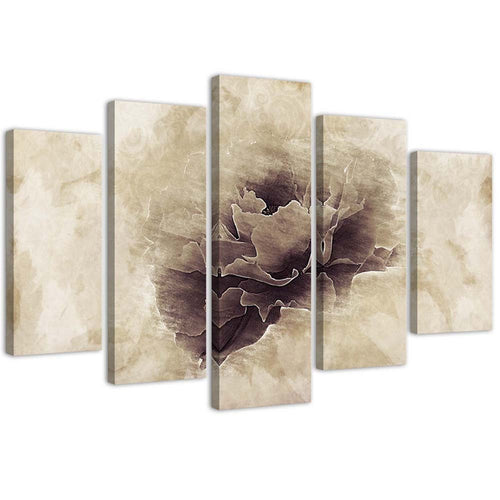 Quadro su tela 5 pannelli Fiore di rosa Beige Natura
