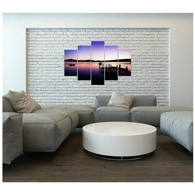 Quadro su tela 5 pannelli Ponte Tramonto Viola