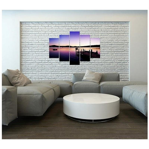 Quadro su tela 5 pannelli Ponte Tramonto Viola
