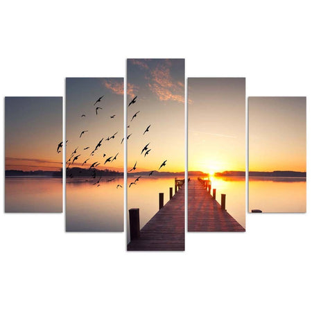 Quadri Quadro 5 pezzi Stampa su tela Passerella Uccelli al tramonto
