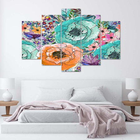 Quadro su tela 5 pannelli Fiori colorati astratti