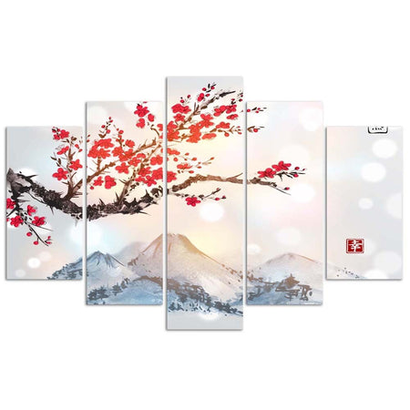 Quadro su tela 5 pannelli Giappone Fiori di ciliegio