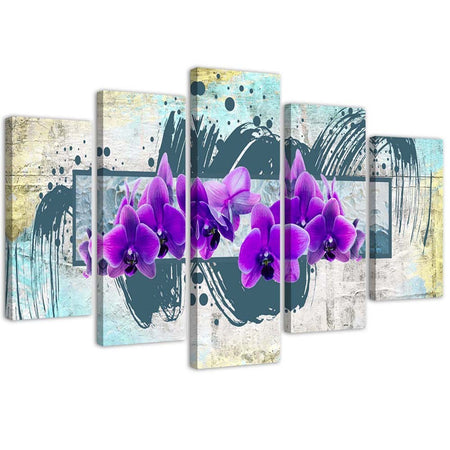 Quadri Quadro 5 pezzi Stampa su tela Orchidea fiore viola