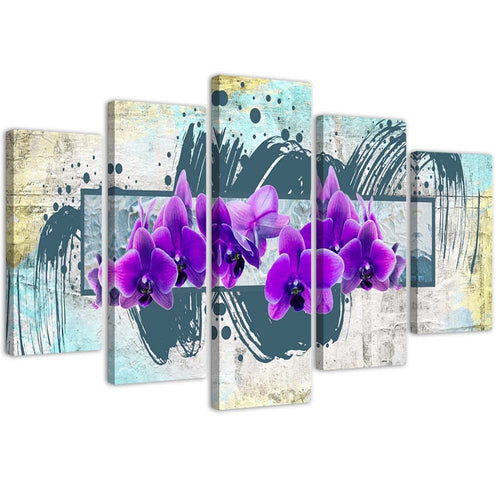 Quadri Quadro 5 pezzi Stampa su tela Orchidea fiore viola