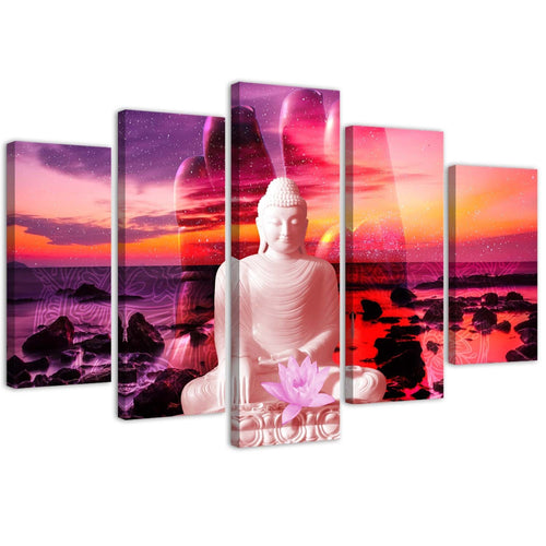 Quadro su tela 5 pannelli Buddha Mare al tramonto