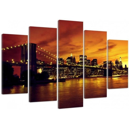 Quadro su tela 5 pannelli Tramonto a New York Manhattan