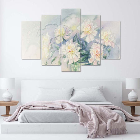 Quadro su tela 5 pannelli Bouquet di fiori bianco