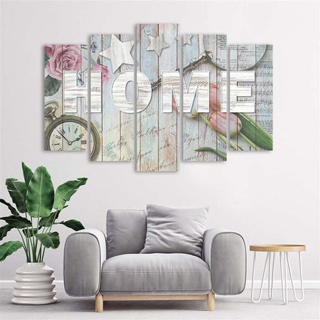 Quadro su tela 5 pannelli Home Iscrizione Legno Fiori