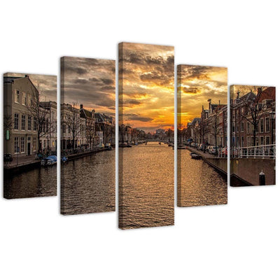 Quadro su tela 5 pannelli Amsterdam città fluviale