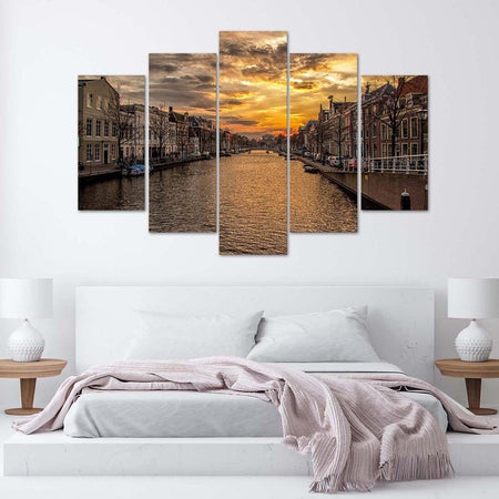 Quadro su tela 5 pannelli Amsterdam città fluviale