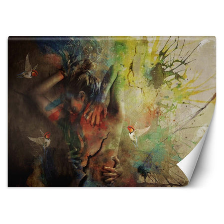 Carta Da Parati, Donna con colibrì dipinta