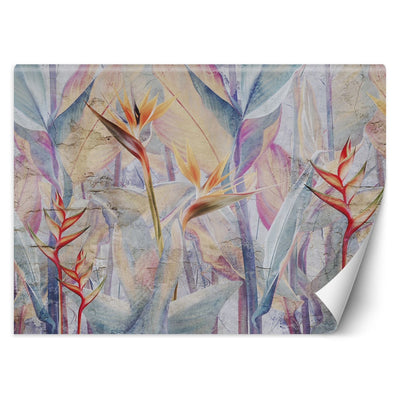 Carta Da Parati, Foglie a pastello su uno sfondo che imita il cemento