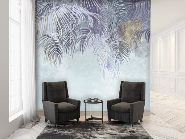 Carta Da Parati, Foglie di palma fogliame viola blu 3D