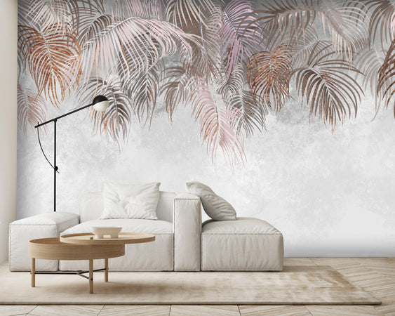 Carta Da Parati, Foglie di palma sospese Calcestruzzo Beige Marrone