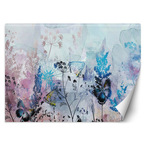 Carta Da Parati, Foglie Fiori Farfalle Blu Rosa