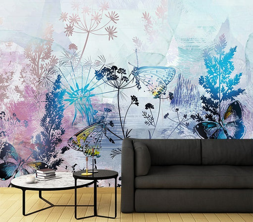 Carta Da Parati, Foglie Fiori Farfalle Blu Rosa