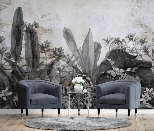 Carta Da Parati, Foglie tropicali bianche e nere su cemento