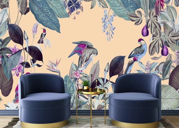 Carta Da Parati, Foglie tropicali Uccelli