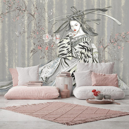 Carta Da Parati, Geisha Vintage Asia Donna Blu