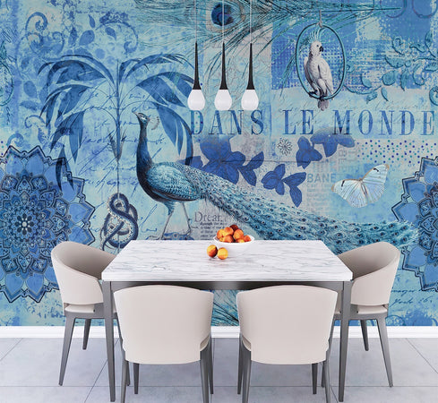 Carta Da Parati, Mandala Pavone blu tropicale