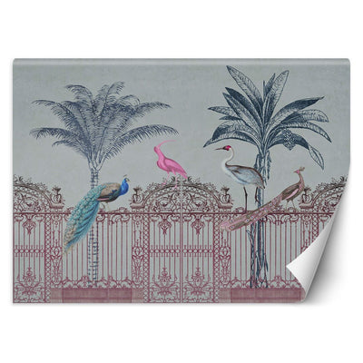 Carta Da Parati, Palme uccelli su un cancello rosa