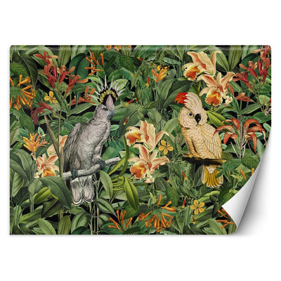 Carta Da Parati, Pappagalli tropicali colorati Palme verde arancione