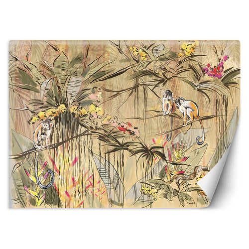 Carta Da Parati, Scimmie nella giungla tropicale Beige Marrone Arancione