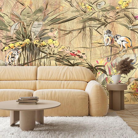 Carta Da Parati, Scimmie nella giungla tropicale Beige Marrone Arancione