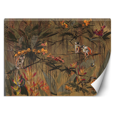 Carta Da Parati, Scimmie nella giungla tropicale Marrone Arancione