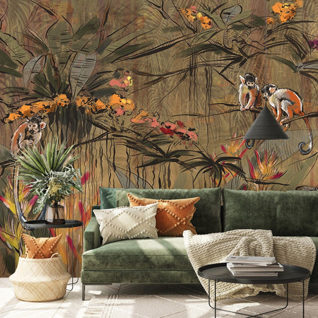 Carta Da Parati, Scimmie nella giungla tropicale Marrone Arancione