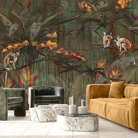 Carta Da Parati, Scimmie nella giungla tropicale Marrone Arancione