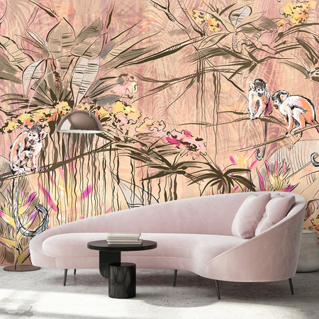 Carta Da Parati, Scimmie nella giungla tropicale Marrone Arancione Rosa