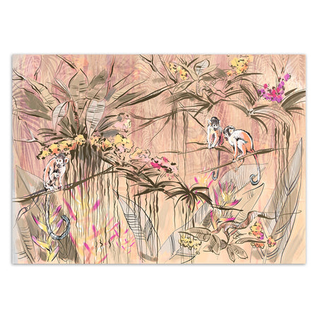 Carta Da Parati, Scimmie nella giungla tropicale Marrone Arancione Rosa