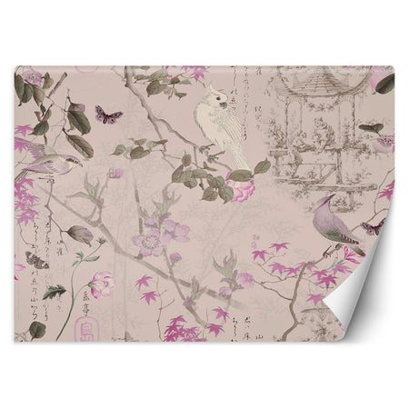 Carta Da Parati, Uccelli e fiori rosa Boho