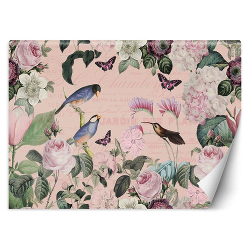 Carta Da Parati, Uccelli Fiori Tropicali verde arancione rosa