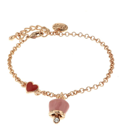 BYSIMON - Bracciale in Metallo con cuore rosso e campanella portafortuna pendente, impreziosita da smalto rosa e punto luce