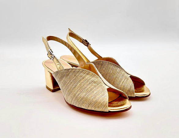 ELLEN Sandalo donna in lurex platino e pelle oro tacco 50